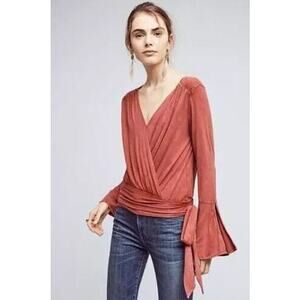 Deletta Anthropologie Surplice Wrap Top Women's Size S Red Bell Sleeve Tie Side